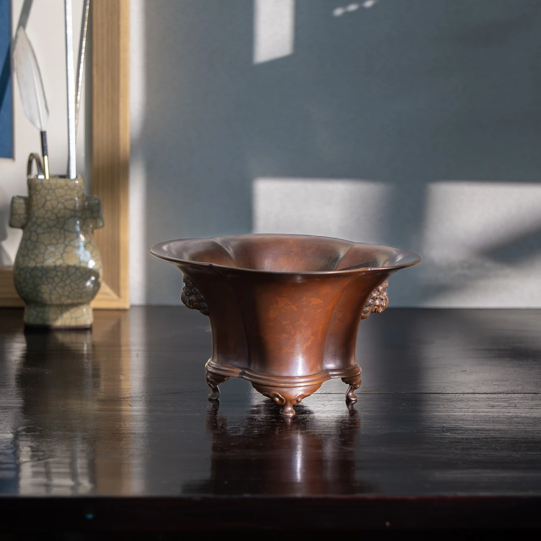 伴庐香堂枣红皮天鸡海棠炉仿古艺人制经典铜香薰口径13.5*11.5cm