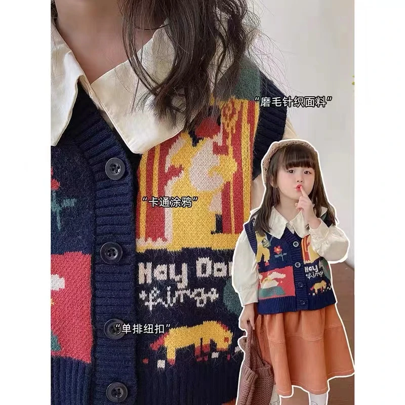 韩范涂鸦款针织开衫马甲987