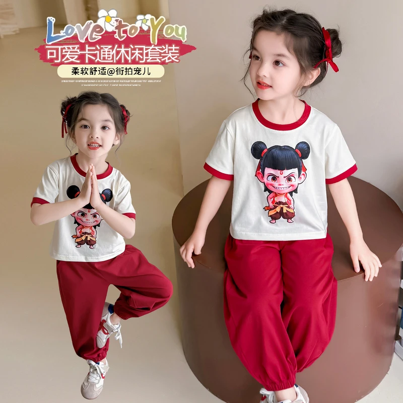 姐弟装哪吒亮灯短袖长裤套装新款洋气女孩小女孩时髦夏装两件套潮