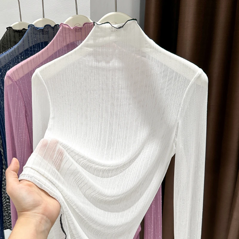 白色木耳边薄透蕾丝衫女2025夏季新款内搭叠穿长袖半高领镂空上衣