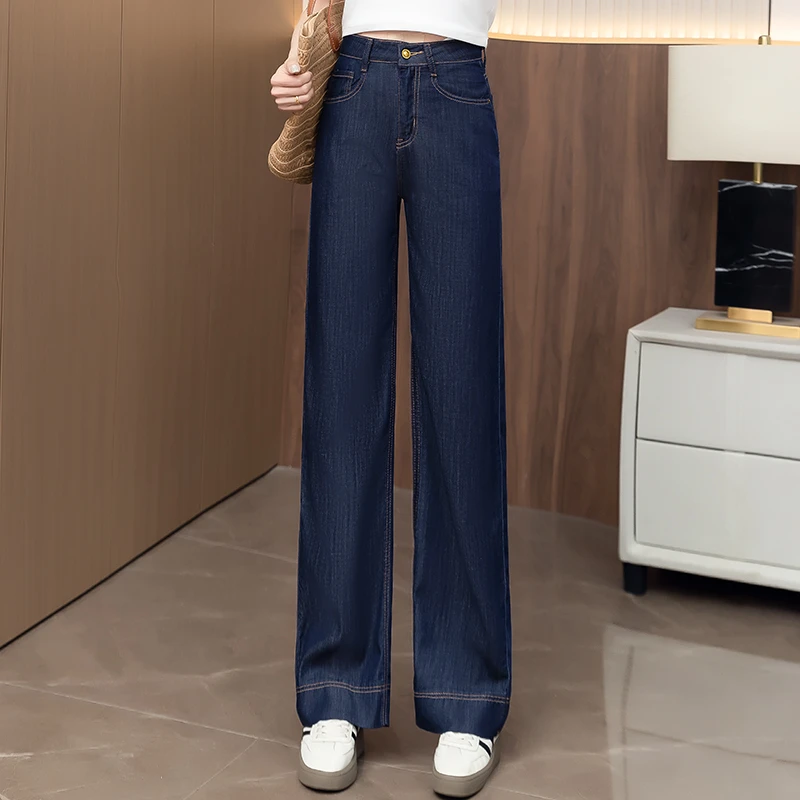 丹宁蓝天丝窄版阔腿牛仔裤女2025夏季薄款高腰显瘦宽松垂感直筒裤
