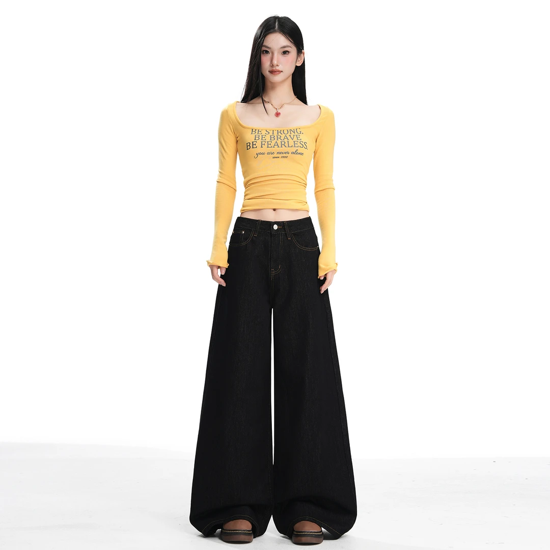 早秋新款&美式复古不掉色牛仔宽松阔腿垂感拖地牛仔裤女