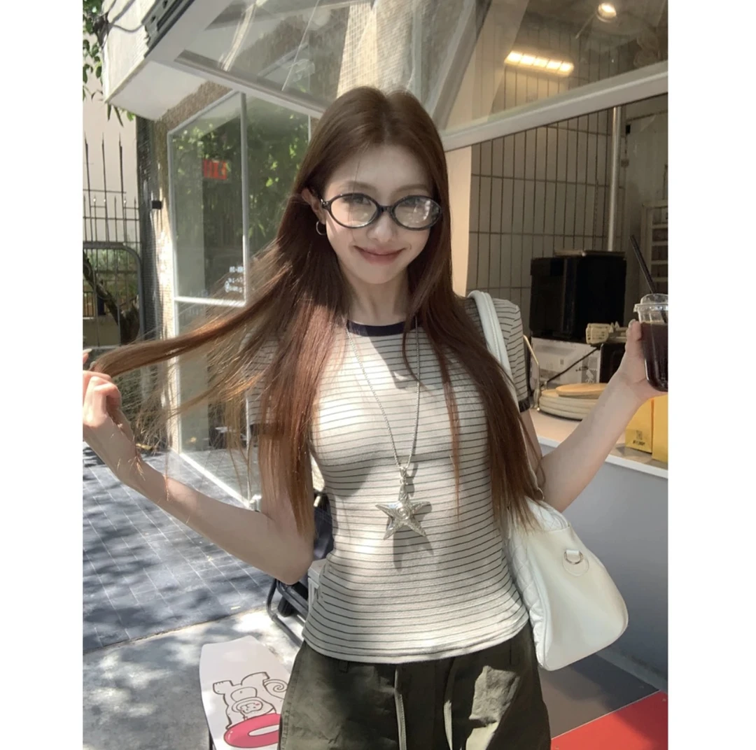 夏季新款圆领莱赛尔条纹短袖正肩修身显瘦短款女T恤针织辣妹百搭