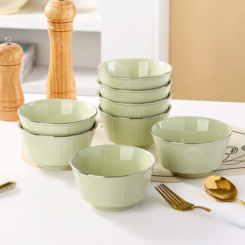 句途抹茶绿8个4.5英寸银边典雅碗米饭碗面碗高颜值餐具套装