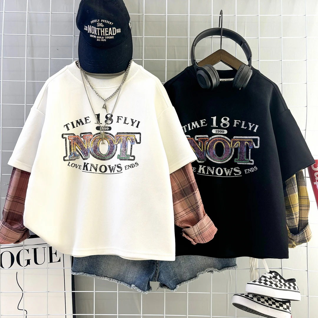 男童春秋卫衣2025新款假两件中大童春秋潮酷个性拼接宽松卫衣潮