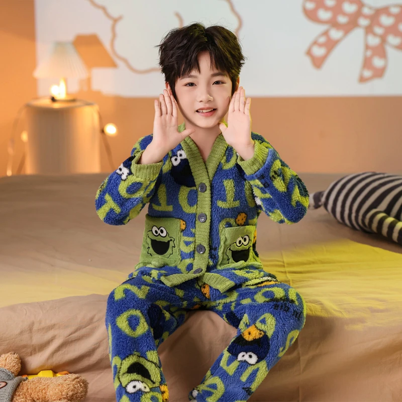 男童睡衣加厚加绒秋冬季2025新款儿童中大童冬款保暖卡通家居服潮
