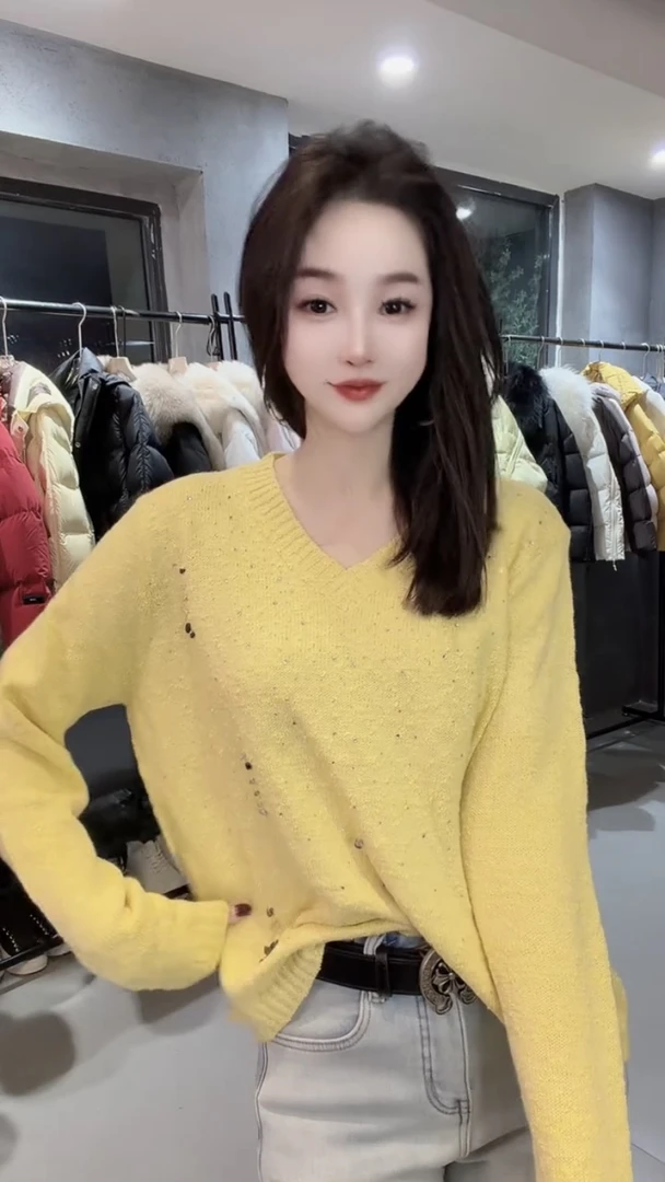 钉珠烫钻搭配v领长袖针织衫套头毛衣2025秋 新款时尚女士洋气上衣