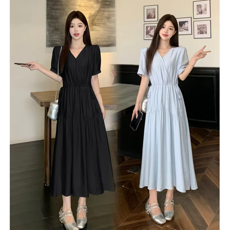 大码胖mm夏季新款显瘦法式气质长裙法式初恋温柔风蓝色连衣裙子女