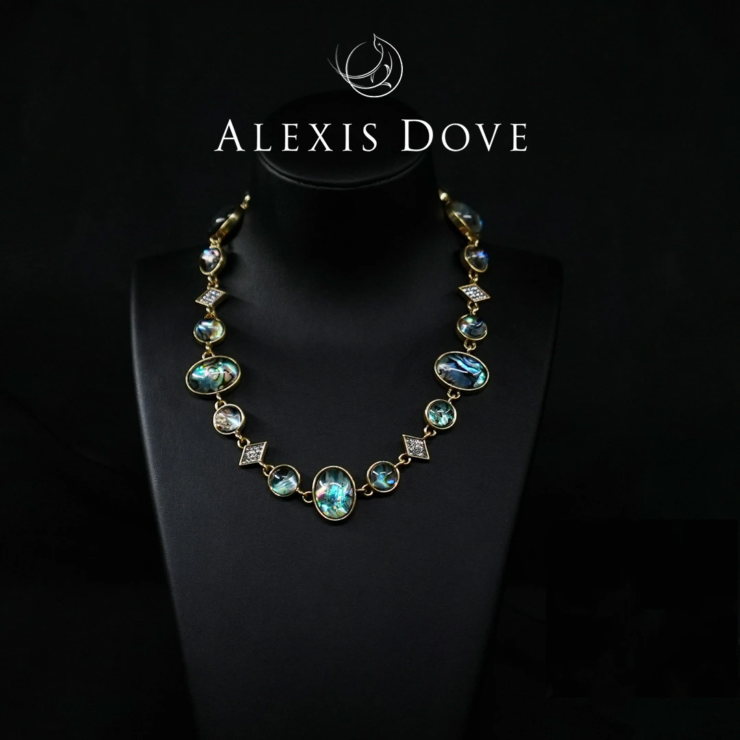 铜合金合成锆石项链 复古重工黑贝壳水滴项链