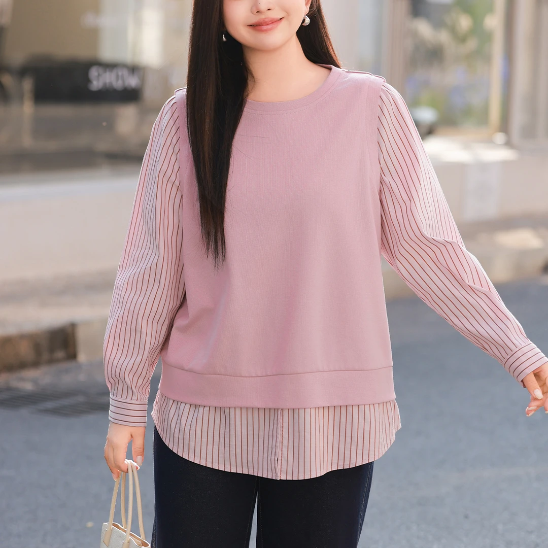 【拼接条纹假两件小衫】MsShe大码女装通勤圆领衬衫M2502044