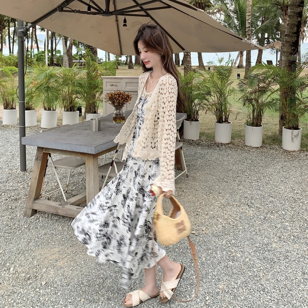 中式水墨画连衣裙套装女2025夏季新款镂空开衫背带裙两件套