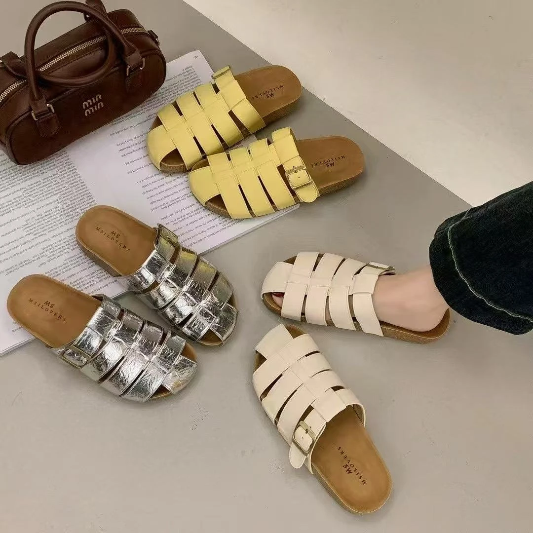 复古镂空包头半拖鞋女2025夏季新款百搭外穿罗马凉鞋懒人勃肯拖鞋