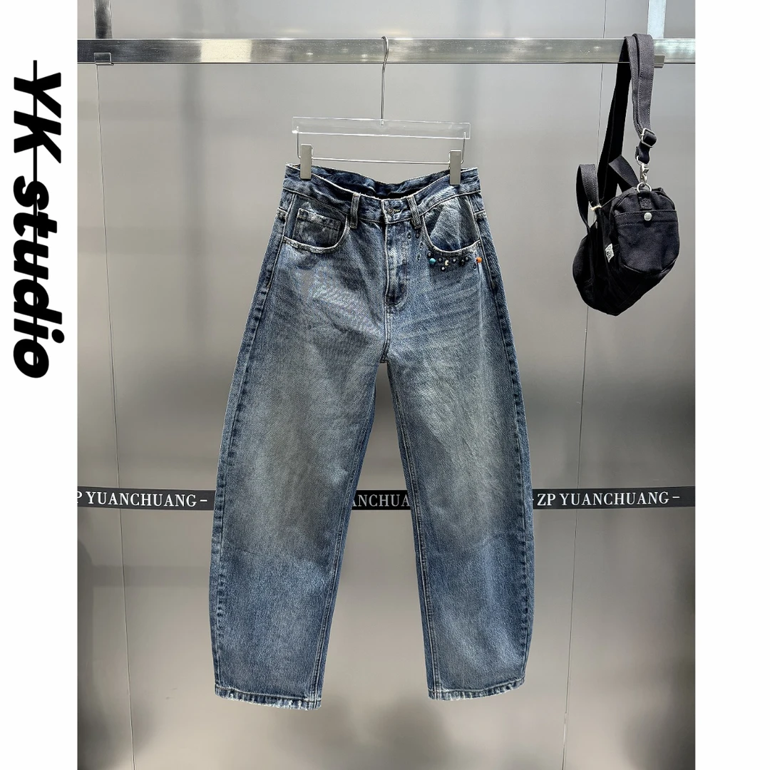 新款高盎司水洗涂鸦香蕉弯刀牛仔裤复古山休闲直筒牛仔裤
