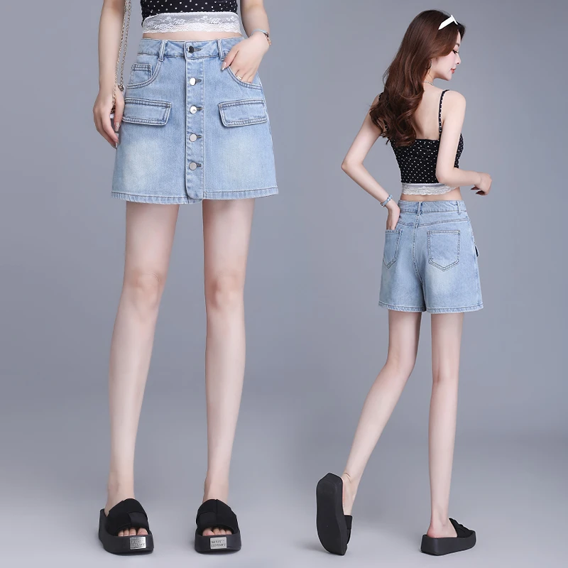 2025夏季新款多扣牛仔短裤裙女薄款高腰百搭显瘦半身裙a字裙裤子