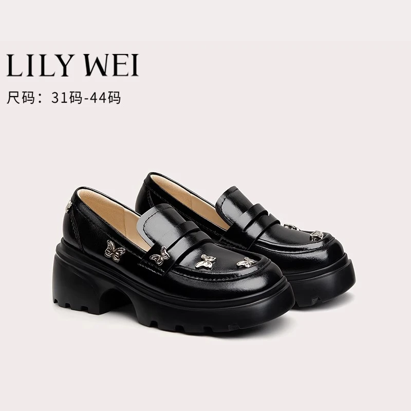 Lily Wei2025夏季新款英伦风厚底小皮鞋黑色蝴蝶乐福鞋小码女增高