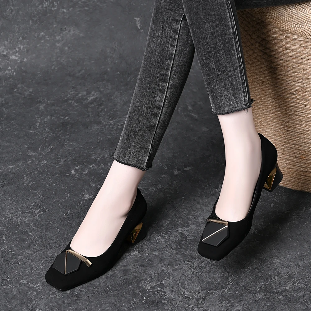 真皮羊皮七字扣浅口单鞋女2025春秋新款磨砂方头粗跟一脚蹬工作鞋