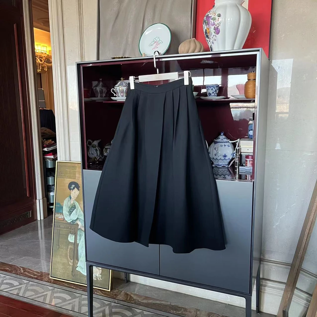 MYL丝毛黑色半身裙2023秋冬新品中腰时尚中长款伞裙休闲半裙