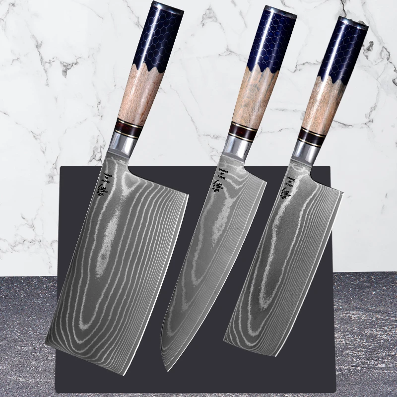 《影》蜂窝树脂柳木手柄大马士革流沙纹三件套aus-10钢芯60HRC