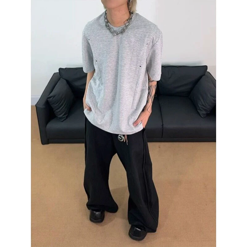 美式复古解构柳钉褶皱短袖t恤男夏季潮牌痞帅设计感宽松半袖上衣