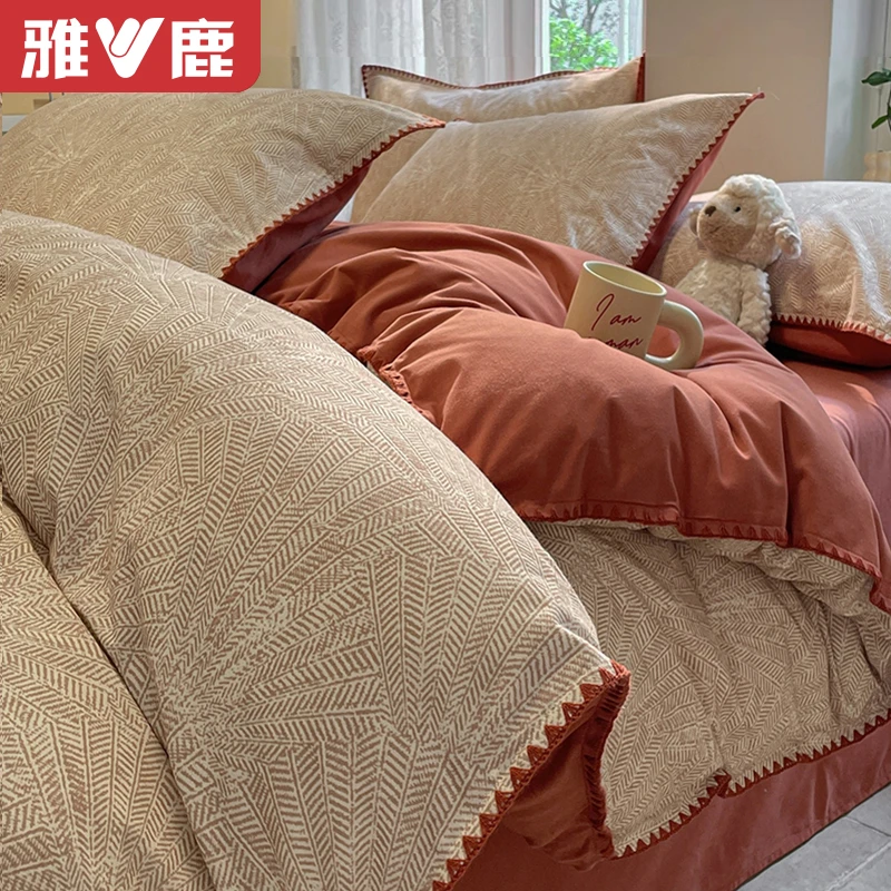 雅鹿简约磨毛四件套纯棉全棉新款秋冬季加厚床单被套宿舍床上用品