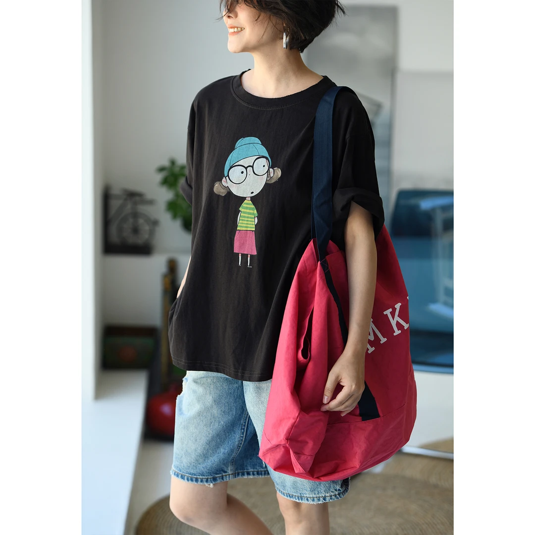 换季T78100 文艺休闲纯棉宽松童趣撞色女孩印花短袖T恤女夏