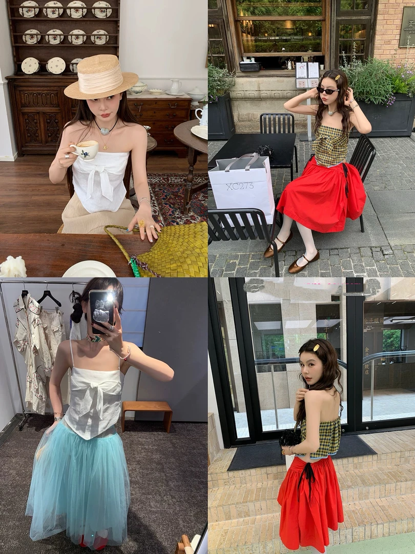 周美美 华美千金 蝴蝶扭结格子亚麻三角松紧抹胸吊带上衣