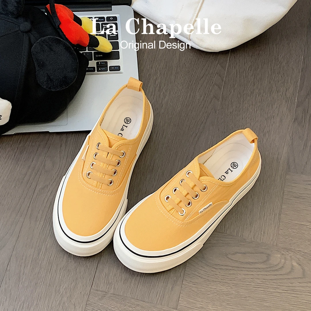拉夏贝尔帆布鞋女2025新款夏季黄色出游百搭鞋子软底运动小白鞋女