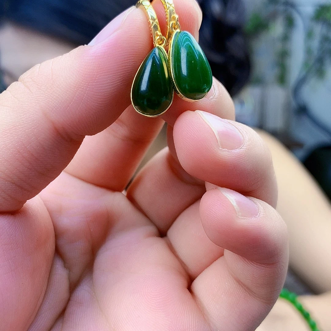 和田玉（碧玉）银S925镶嵌吊坠(不含链)耳钉