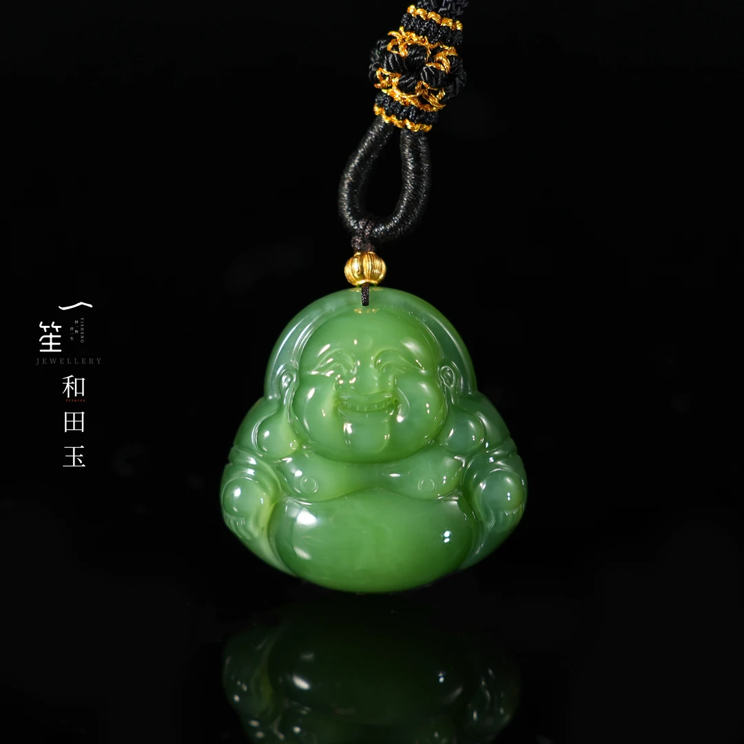 【一笙珠宝】天然和田玉碧玉粉绿猫眼起荧佛公吊坠  DY7410