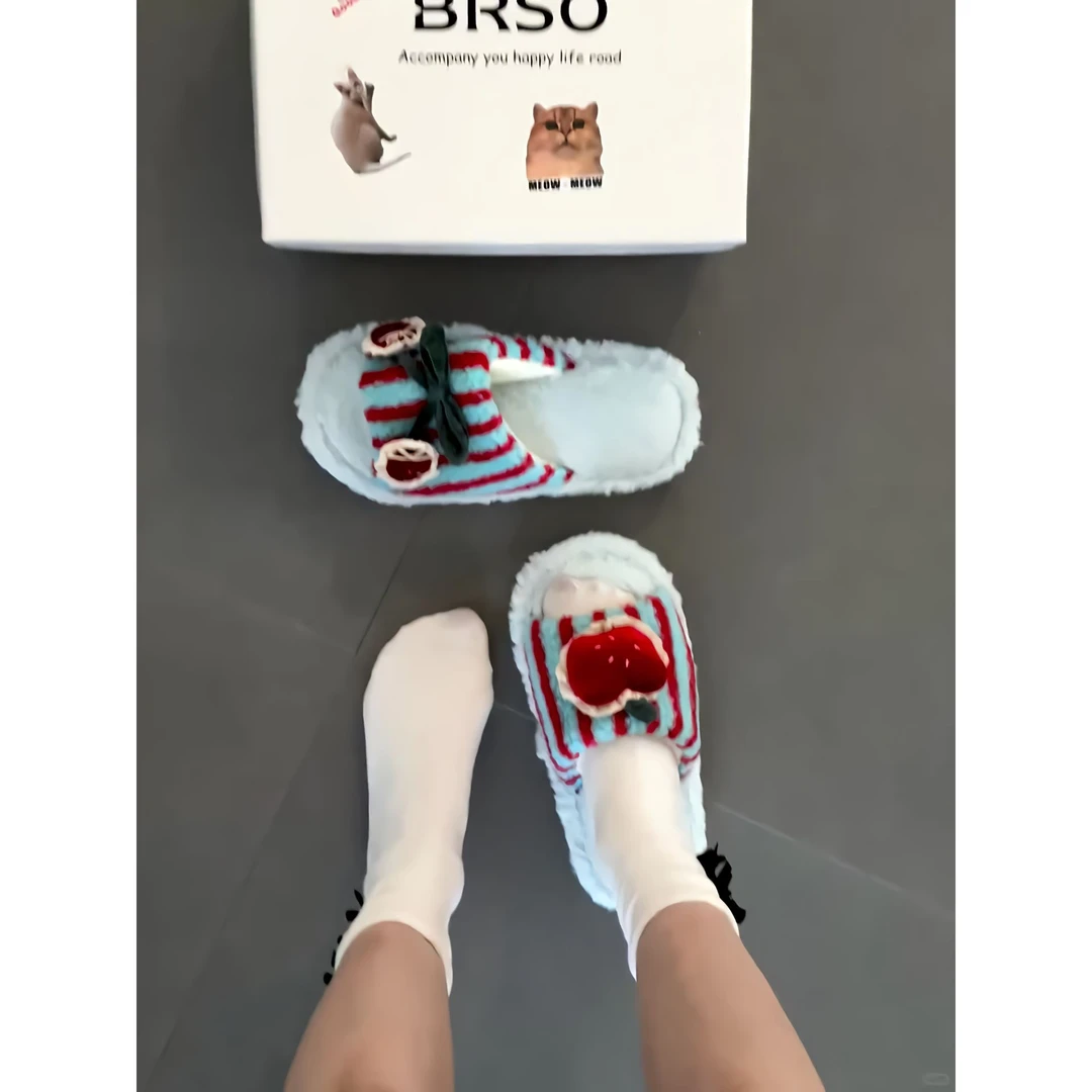 HZL同款卡通条纹殷桃配饰毛毛拖鞋女鞋2025秋冬外穿棉拖brso毛拖