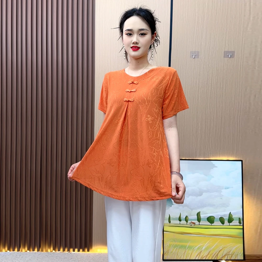 夏季新款显瘦纯色提花短袖t恤中老年女装中长款大码宽松遮肚上衣