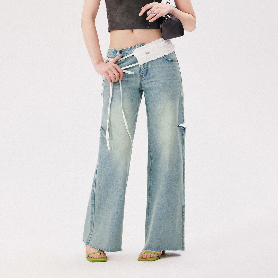 CHUU夏季女装破洞设计水洗磨白长裤子阔腿百搭韩系牛仔裤