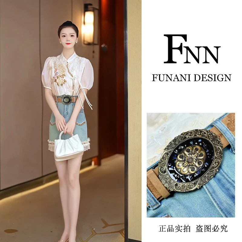 芙娜妮短袖时尚设计感蕾丝小个子春夏气质上衣宽松圆领F2413084