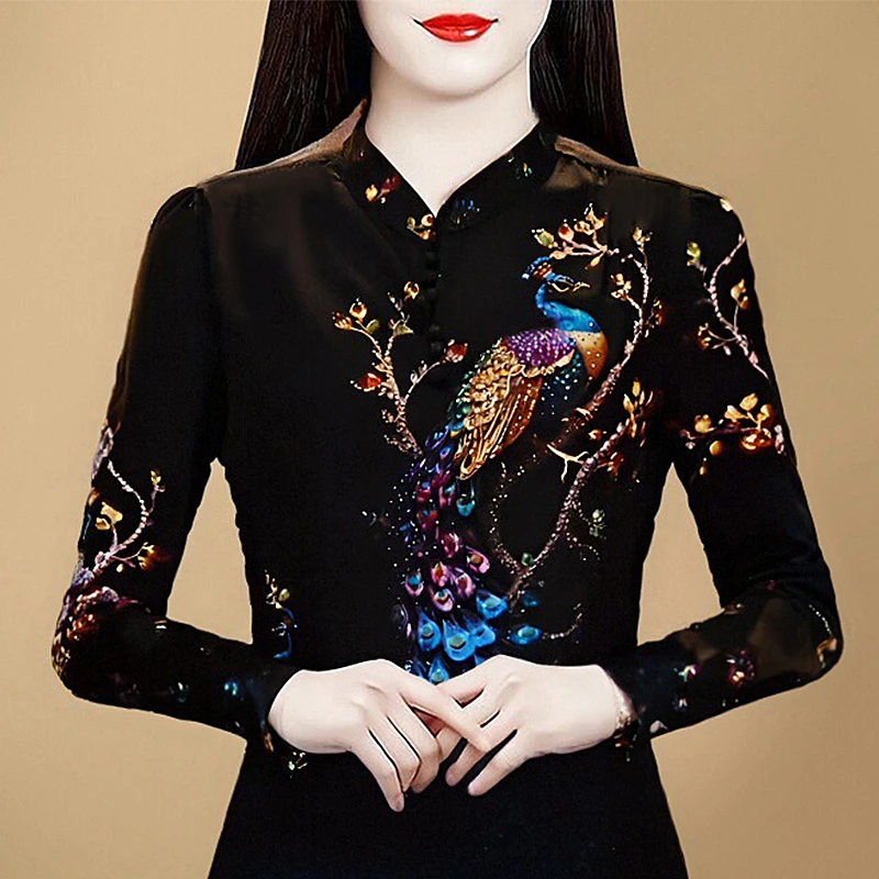 高级感洋气印花立领衬衫女春季新款显瘦气质上衣宽松长袖妈妈小衫