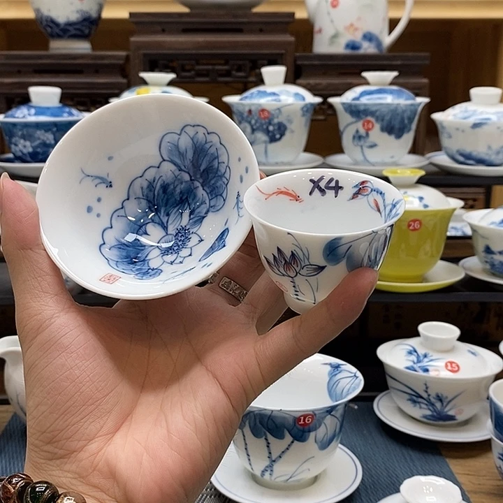 手绘荷花杯子内外绘4个装➕主人杯斗笠釉下彩高温瓷微瑕福利款