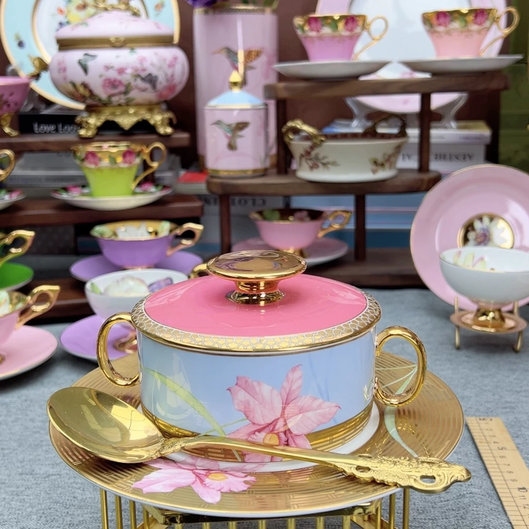 自然写生鸢尾花双耳炖盅配金盘配勺子