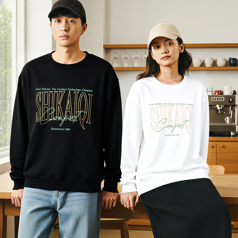 世凯琪品牌秋冬长袖圆领套头运动加绒卫衣宽松吸汗透气螺纹拼接