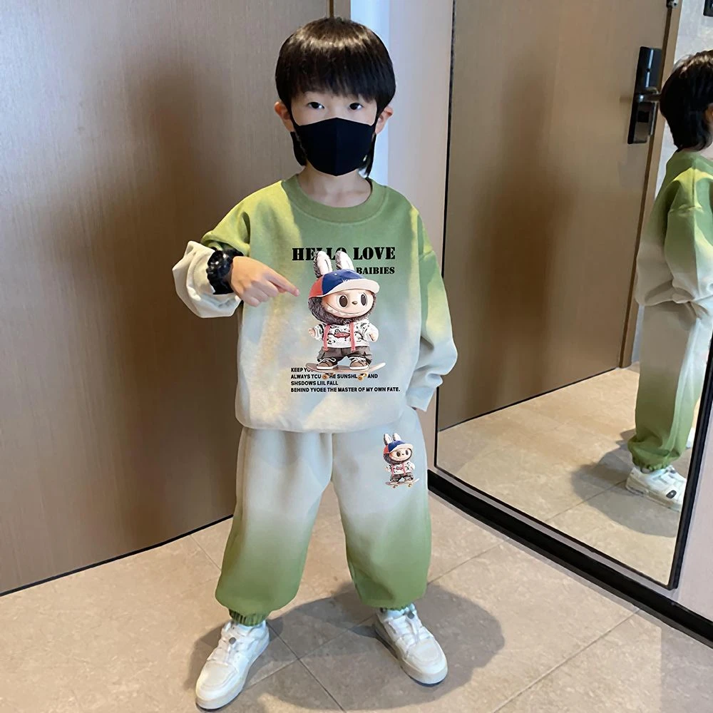 男童中小童长袖圆领运动套装时髦帅气卡通印花字母高级感两件套潮