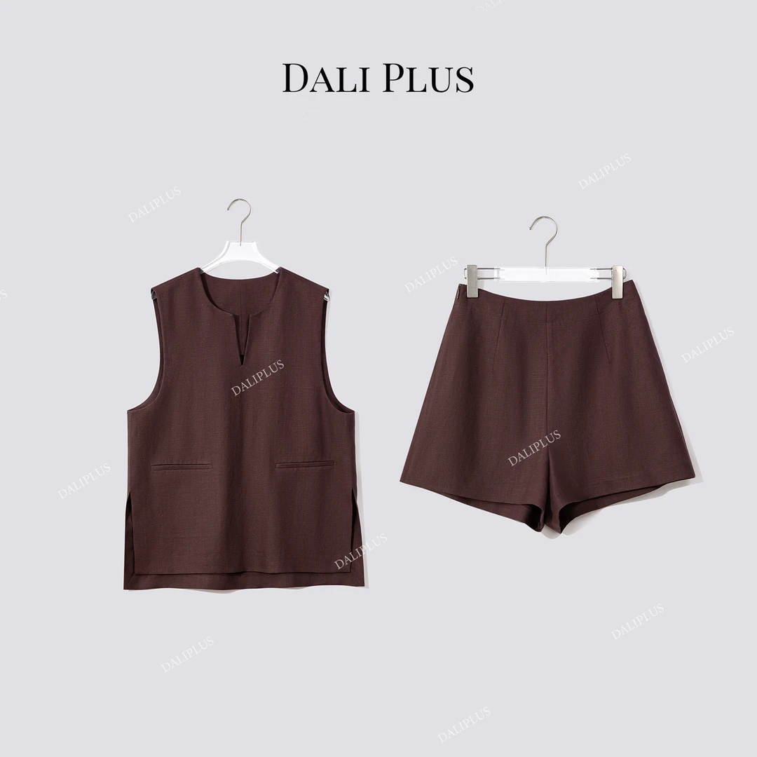 DALI PLUS“套装系列”天丝麻宽松V领开叉马甲+短裤-D5SZ8074