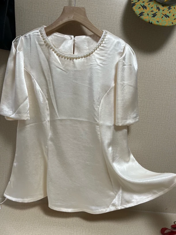 短袖夏季宽松型名媛套装轻熟泡泡袖