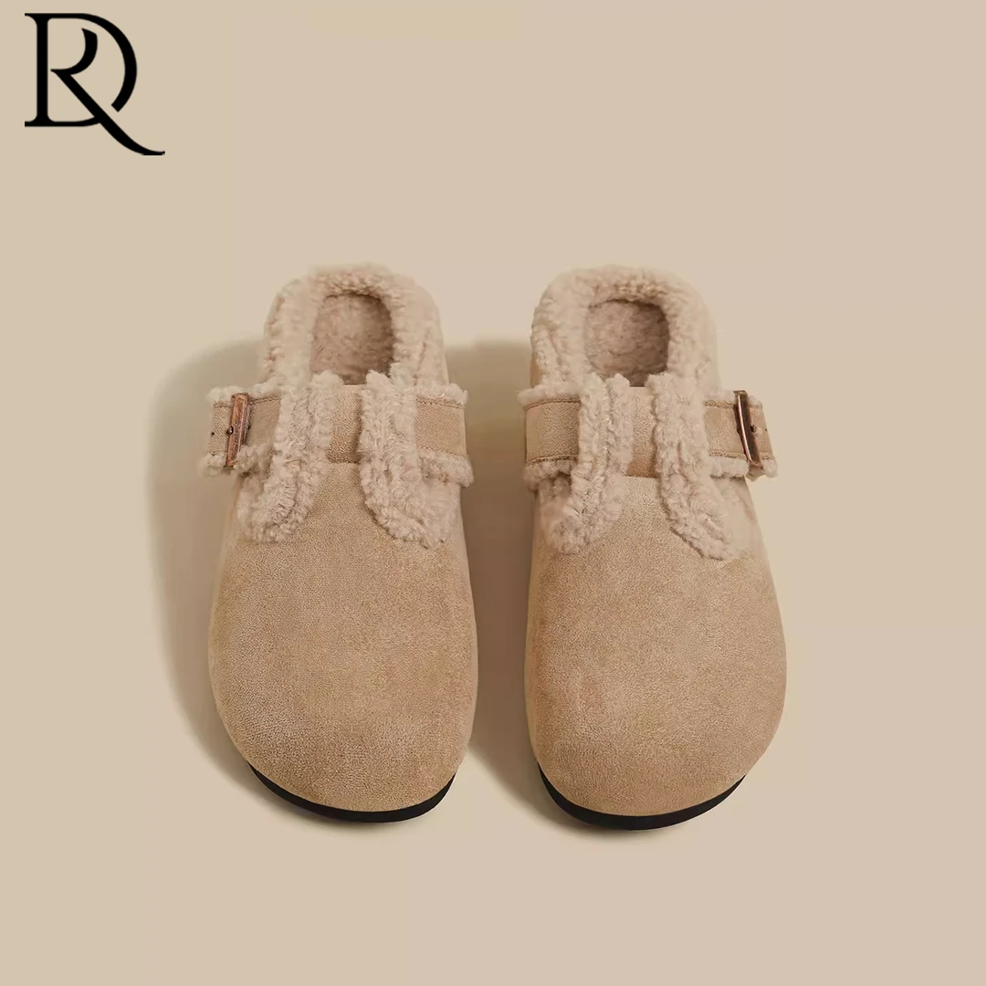 【DR专柜正品】2025冬新款厚底包头半拖乐福鞋女一脚蹬羊羔毛勃肯鞋