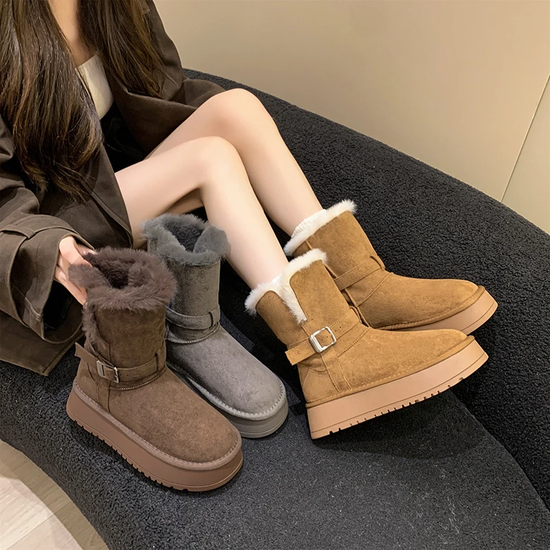 中筒厚底雪地靴2025加绒加厚增高百搭厚底棉鞋两穿翻边防滑雪地靴