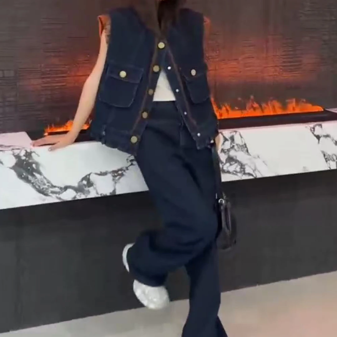 显瘦宽松水洗牛仔马甲直筒牛仔裤套装