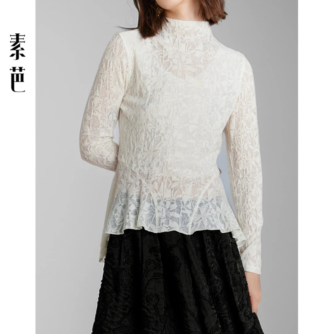 素芭立体花卉荷叶摆针织上衣女秋季时尚优雅休闲半高领上衣SS0758