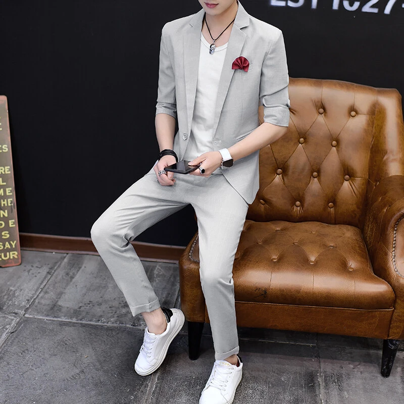 西服套装男士精细工艺高品质七分袖2025夏季薄款中袖两件套西装裤