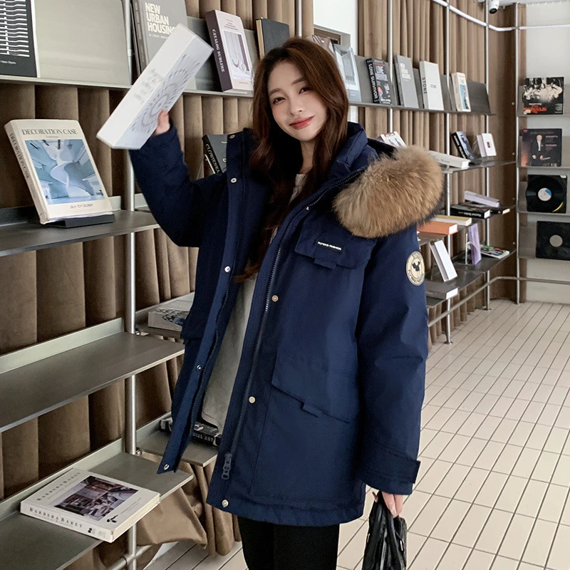 大码羽绒服女款2025新款冬季胖MM宽松保暖貉子毛领工装派克服外套