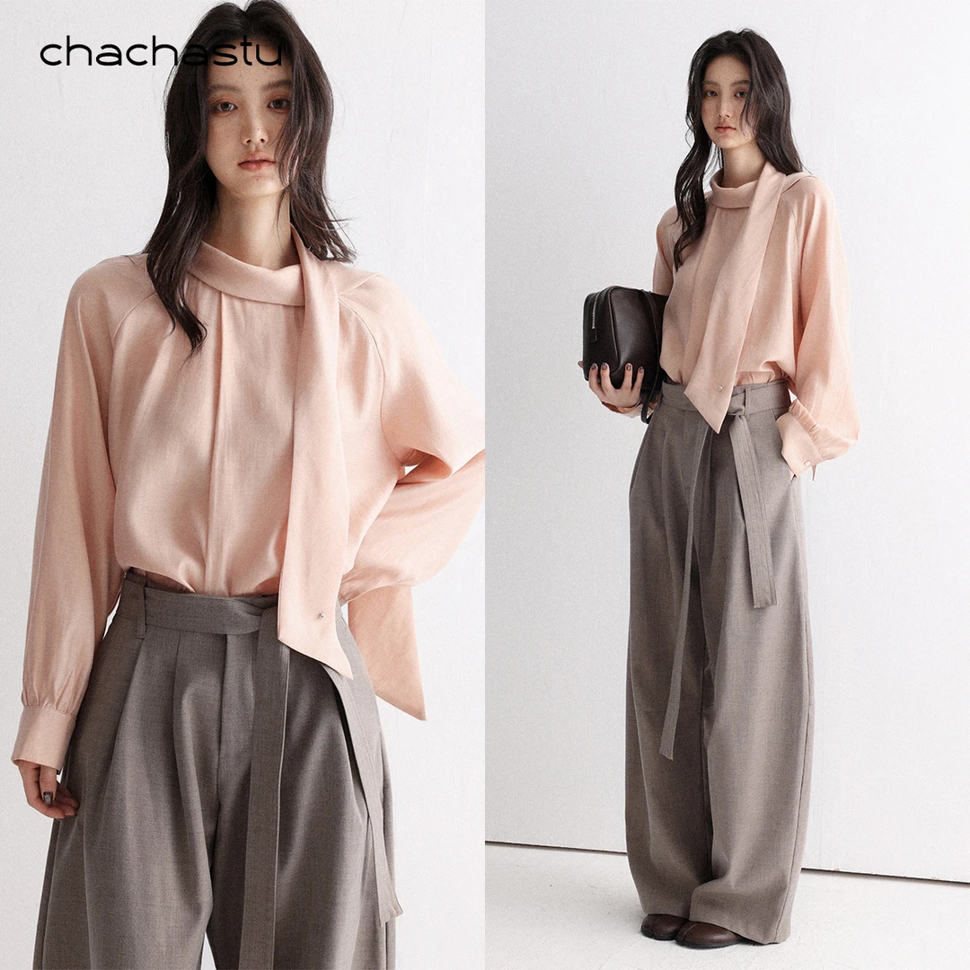CHACHASTU 粉色设计感长袖飘带显瘦上衣女秋冬休闲小个子衬衫K108