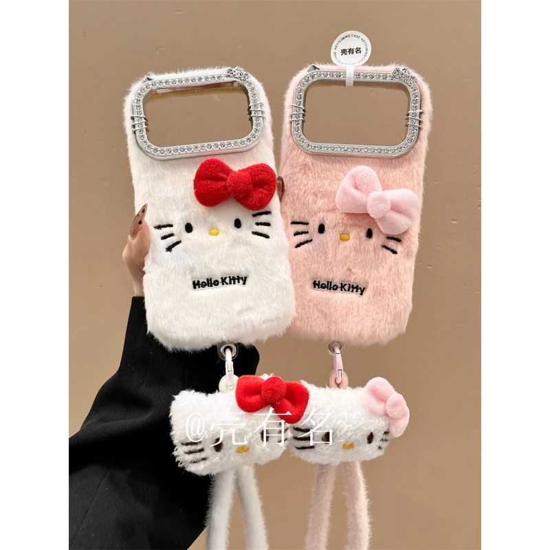可爱毛绒点钻镜大脸kitty猫挂绳适用苹果17手机壳iPhone16/15/14