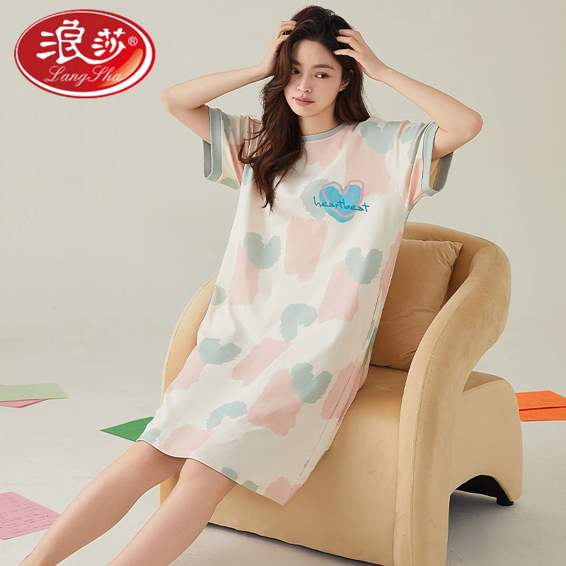 浪莎100%纯棉女士睡衣柔软亲肤夏季清凉休闲短袖睡裙宽松舒适家居