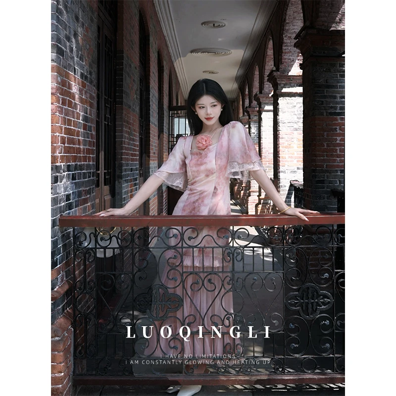 无艳一禾【粉黛旧梦】原创风华雅绽蕾丝袖柔纱拼接下摆连衣裙